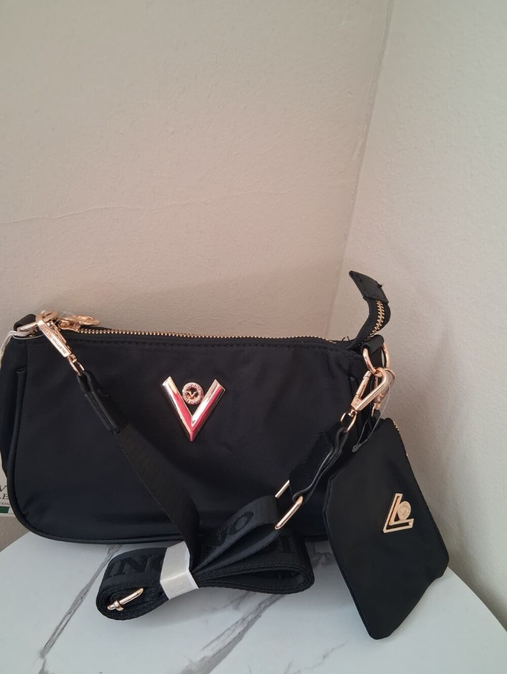 Valentino Orlandi Black Nylon Crossbody with Gold-Tone V Logos